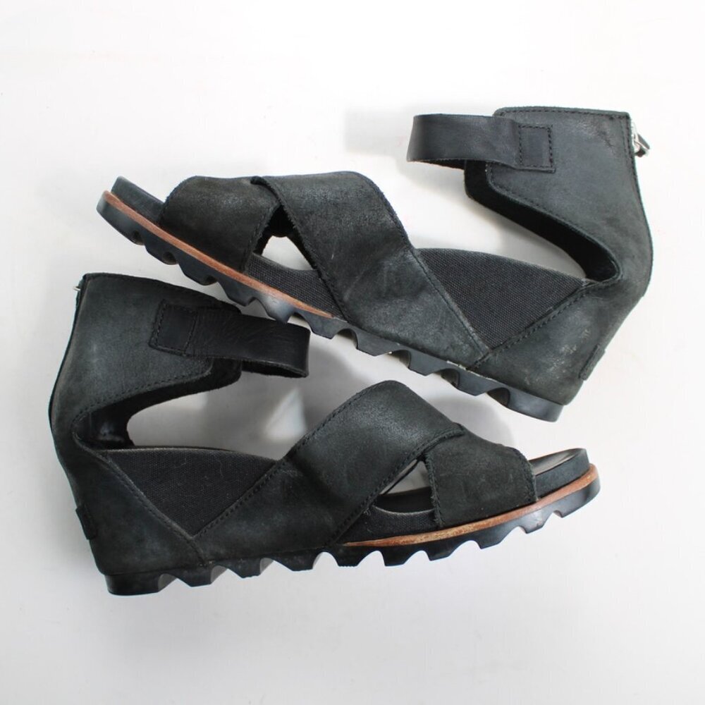 Sorel Women's Black Leather Joanie II Wedges Sandals Heels Size 9.5 - Picture 5 of 7